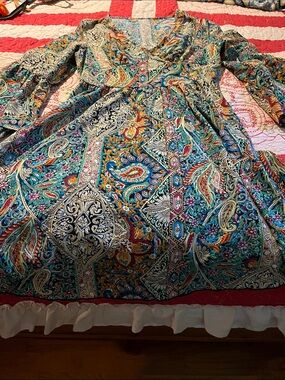 Colorful Paisley V-Neck Long Sleeve Dress